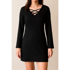 Xhilaration Black Crisscross V-Neck Dress Long Sleeve Minimalist Stretch Shift 
