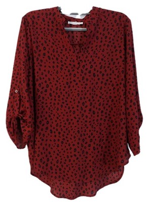 Lush Women's Shirt Size XL Red Rust Black Polka Dot Print Top Rolltab Sleeve 