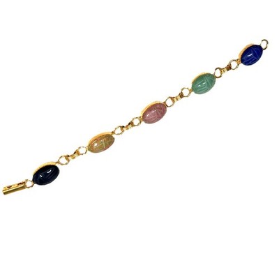 Vintage Scarab Bracelet Gold Tone Carved Scarabs Egyptian Revival