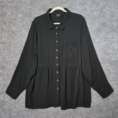 Torrid Top Womens 4X Black Textured Crinkle Knit Tunic Drop Waist Button Up