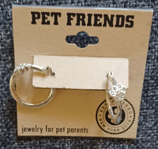 Pet Friends Dog Paw Print Silver Tone Faux Diamond Hoop Earrings New on card