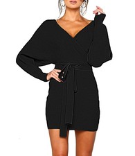 Mansy Womens Batwing Long Sleeve Backless Mock Wrap Sweater Dress (L, Black)