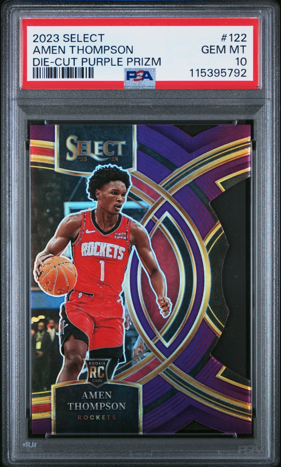 2023-24 Panini Select Prizm Amen Thompson Premier Purple Die Cut RC /99 PSA 10