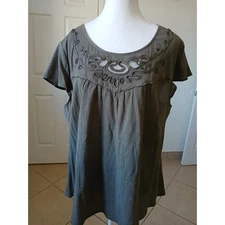 CJ Banks Blouse Womens 1X Top Short Sleeve Green Olive Scoop Neck