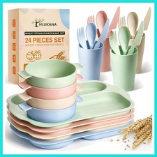 24 Pcs Wheat Straw Dinnerware Cutlery Set, Unbreakable Tableware Set, Includi...