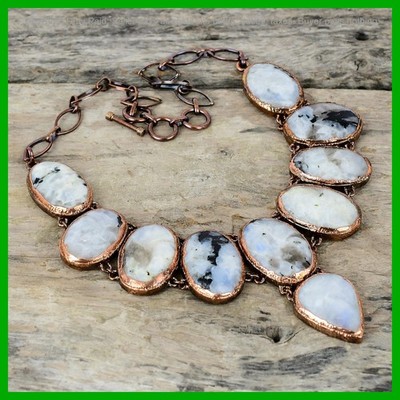 Copper Rainbow Moonstone Gemstone Electroformed Chain Ethnic Necklace Jewelry