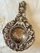 Antique 800 Fine Silver Tea Strainer Ornate German Cherubs c1860 Victorian Putti