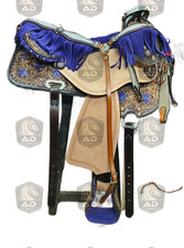 Royal Blue Fringe Western Saddle  Hand-Tooled Floral Barrel Racing Leather Horse