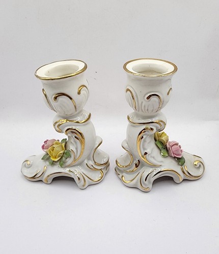 Vtg Pair of Dresden Germany Candlestick Candle Holder Pink Yellow Rose Gold Trim - Picture 3 of 8