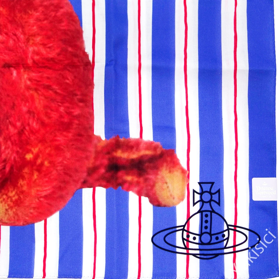 Cachecol Vivienne Westwood JP algodão orbe monstro gatinho azul vermelho e branco 59cm novo - Imagem 3 de 4