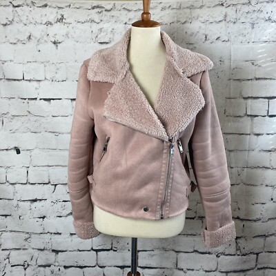 Bershka Jacket Womens Large Faux Leather Moto Biker Pink Collared Sherpa Lined