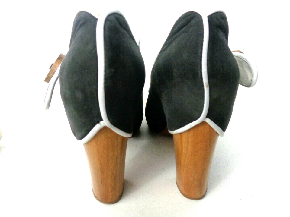 Zapatos ras 6.5M Negro/Blanco Peep Cuero Peep Toe Mary Jane Plataforma Tacón Madera Foto 4 de 4