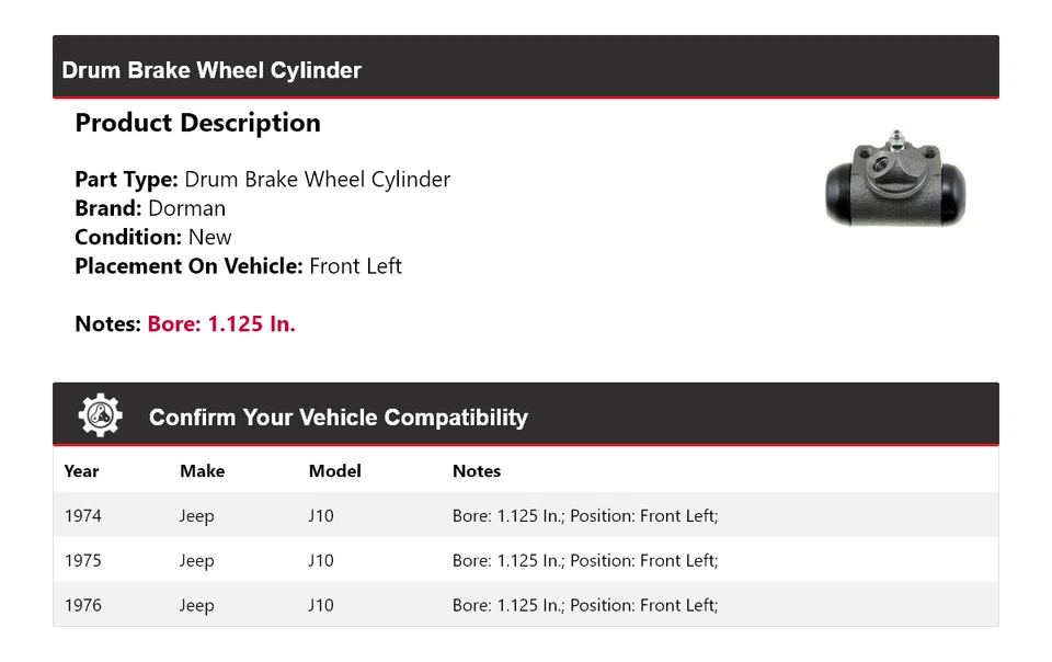 For 1974-1976 Jeep J10 Dorman Drum Brake Wheel Cylinder Front Left 1975 - Image 2 of 3