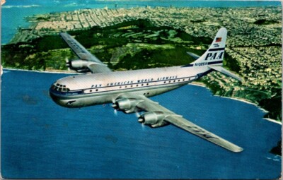 Pan American Double Decked Super Strato Clipper In Flight c1950s  postcard NQ13