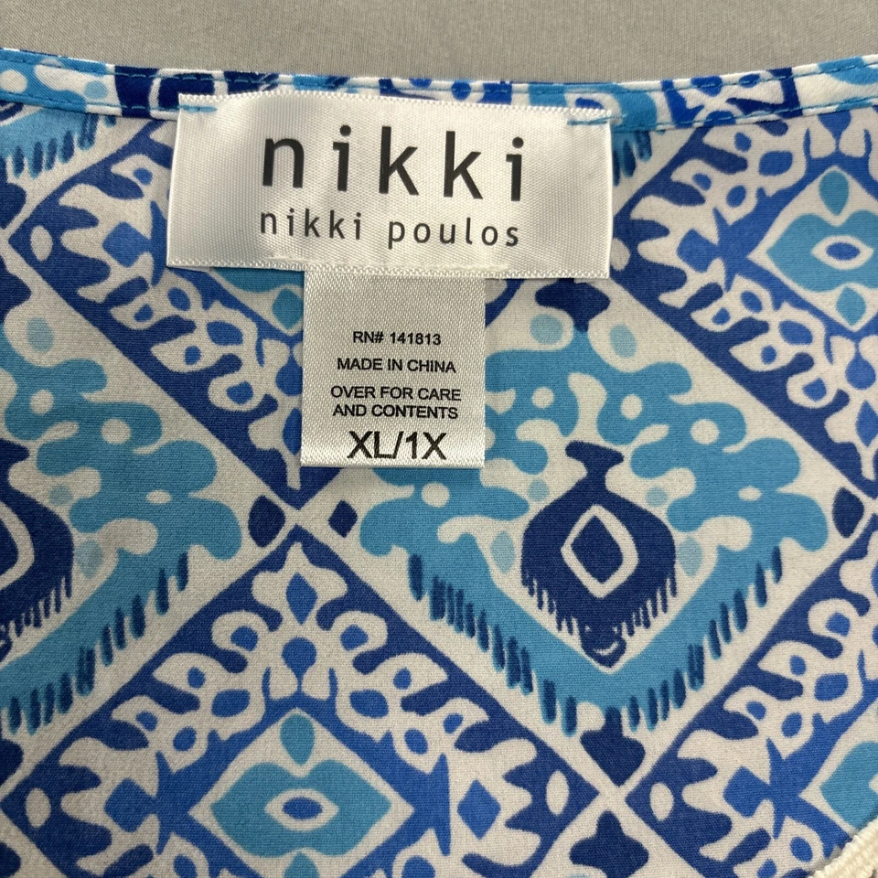 Nikki Poulos Playa Cubrir Medio Caftán Estilo Retro Azul y Blanco Encaje Talla XL/1X Foto 2 de 4