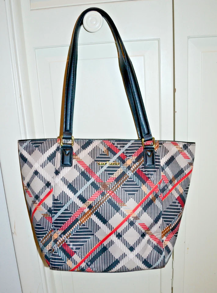 NUEVO CON ETIQUETAS $168 VERA BRADLEY Pequeño ELLA TOTE Sophia Cuadros Taupe Naranja Borde de Cuero Negro Foto 3 de 4