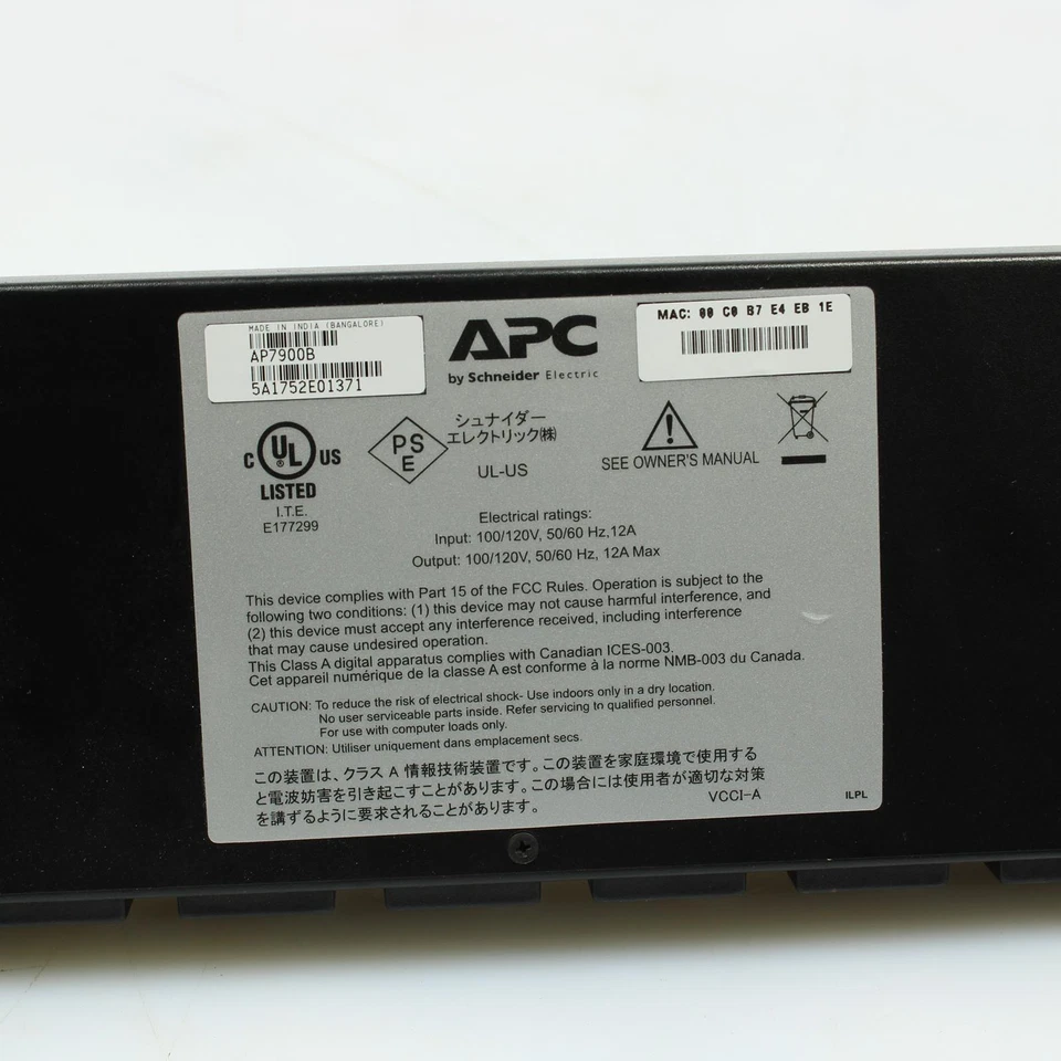 PDU APC AP7900B de 8 salidas 120 V x 12 A conmutada para rack 1 U con orejas de rack Foto 4 de 4