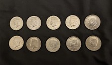Kennedy half dollars, 40 percent silver, lot of 10 coins, $5.00 face value.