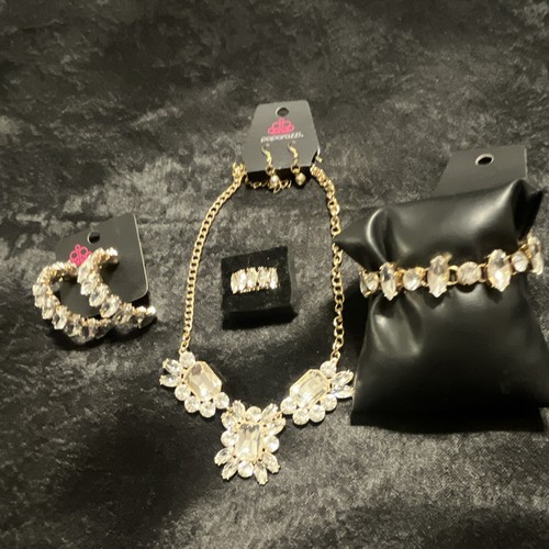 Paparazzi Gold Tone Clear Rhinestone Necklace, Earrings, Bracelet & Ring Set