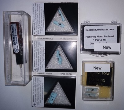 Seeburg jukebox needles, stereo record versions, and one redhead cartridge.