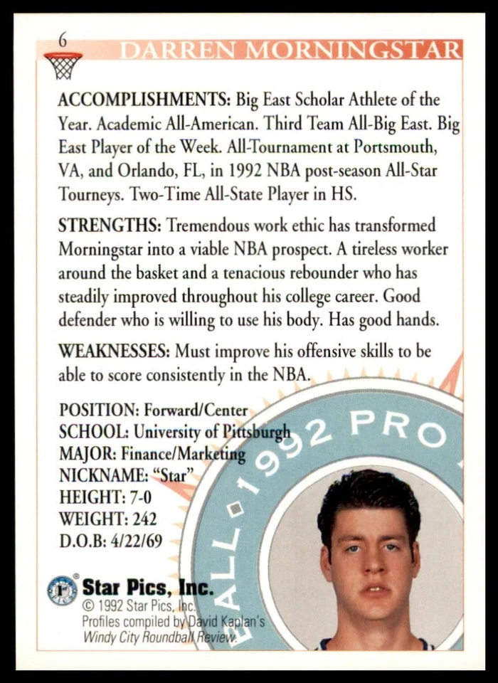 Darren Morningstar 1992 Star Pics #6 Pittsburgh Panthers - Image 2 of 2
