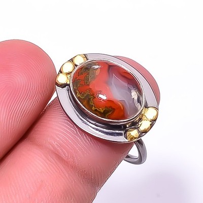 Seam Agate Black And Gold Plated 925 Sterling Silver Ring s.8 R38 Christmas Gift