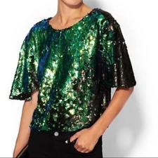 Sister Jane Sequin Boxy Crop Top Women's Medium Green Black Mermaid Concert