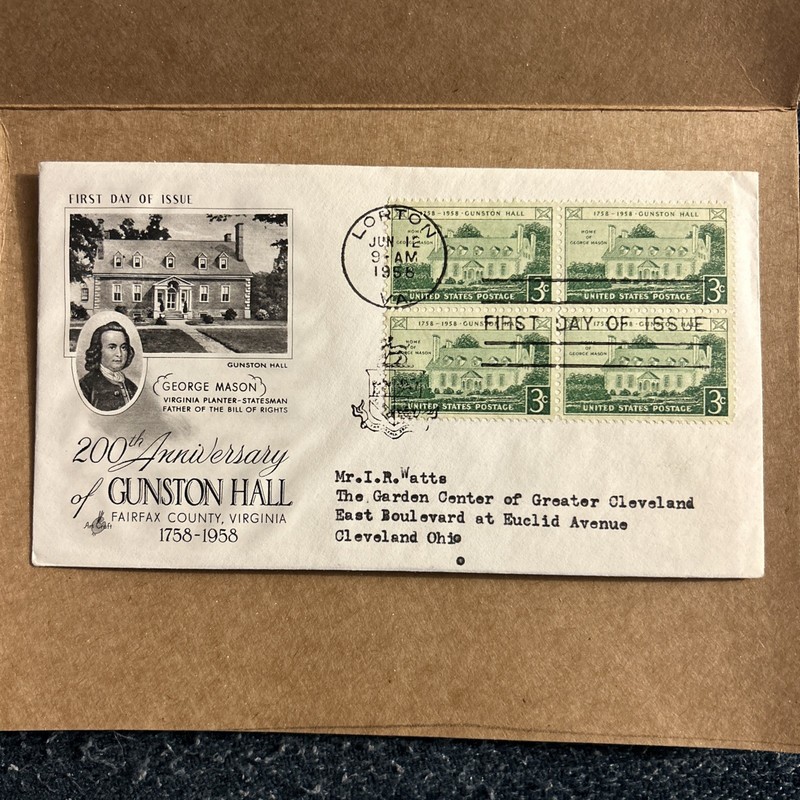 GUNSTON HALL #1108 US FIRST DAY COVER 1958 ART CRAFT  CACHET FDC