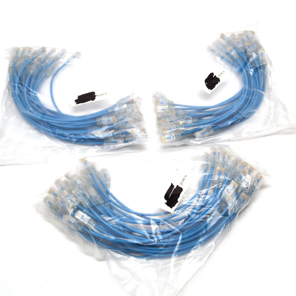 (75) NEW Blue 1FT UTP Cat 6 Slim 12" Ethernet Patch Cable 28AWG Type 4PR