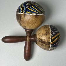 WOODEN COCONUT SHELL MARACA SHAKER MUSICAL HAND PAINTED PERCUSSION INSTRUMENT