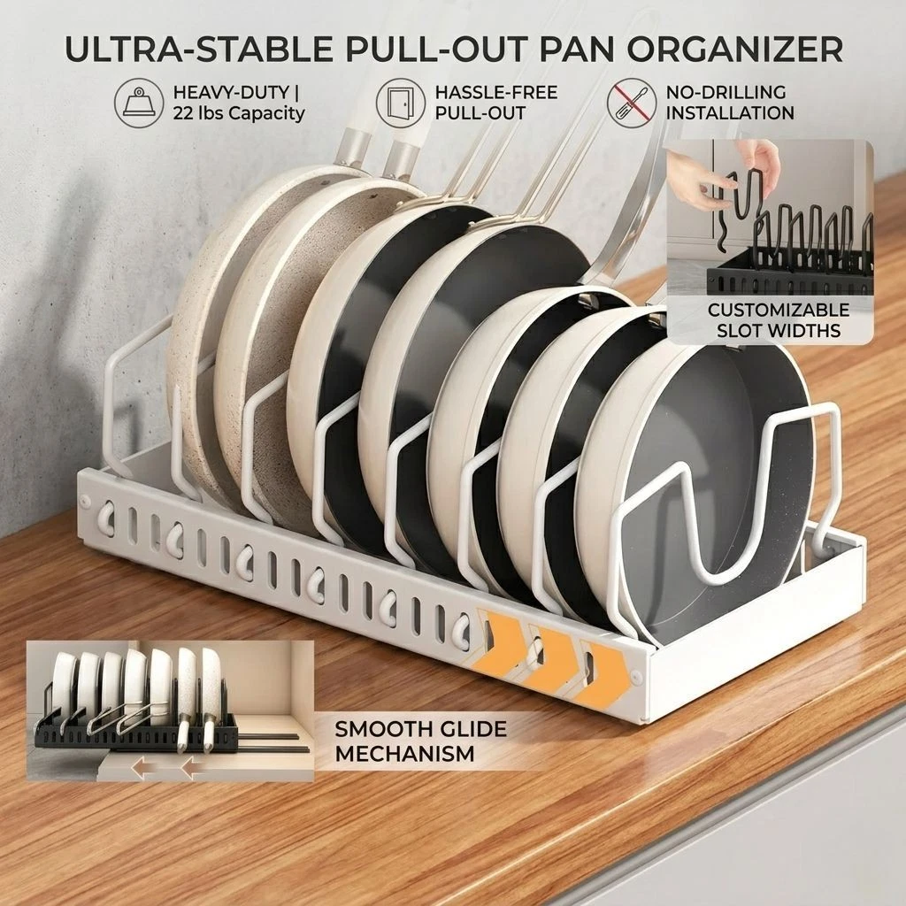Pull Out Pan Organizer Adjustable Cabinet Cookware Rack Pot Lid Storage Tray
