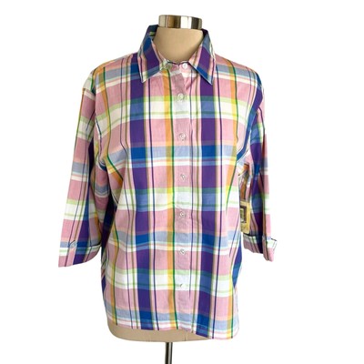 Bechamel Pink Blue Plaid Button Down Shirt Womens LG Cotton Casual Spring Work
