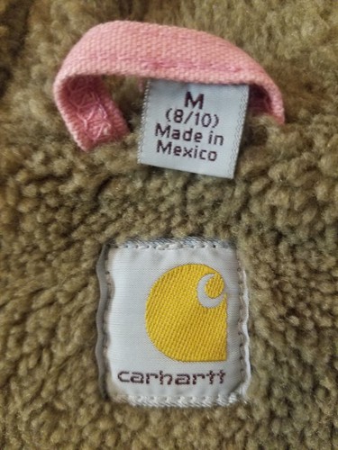 Women's Carhartt Vest M 8/10 Pink Denim Fur Lined Hooded Drwstring Full Snap EUC - Picture 14 of 16