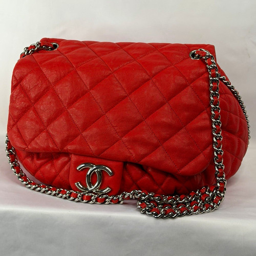 CHANEL Red Chain Around Flap Bag Large Quilted Leather Handbag