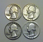 Lot of Four Silver Washington Quarters,  1945-D, 1954-D, 1957, 1962-D