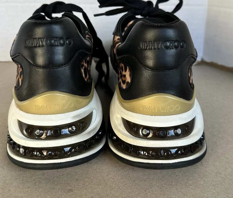 Jimmy Choo Low Cut Sneakers 40 1/2 Brown Black Leopard Gold Accent Shoes US 7.5 - Image 3 of 4