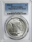 1934-D $1 Peace Dollar PCGS Wheel Mark UNC Detail Graded Silver Coin #7376