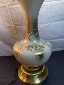 Mid Century Ceramic Table Lamp Gold Floral 23.5” Brass Base Vintage