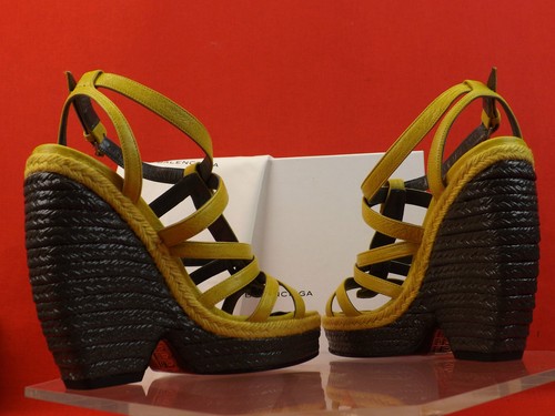 NIB BALENCIAGA ARENA MUSTARD YELLOW LEATHER WEDGE STUDDED SANDALS 39 $745 - Picture 10 of 12