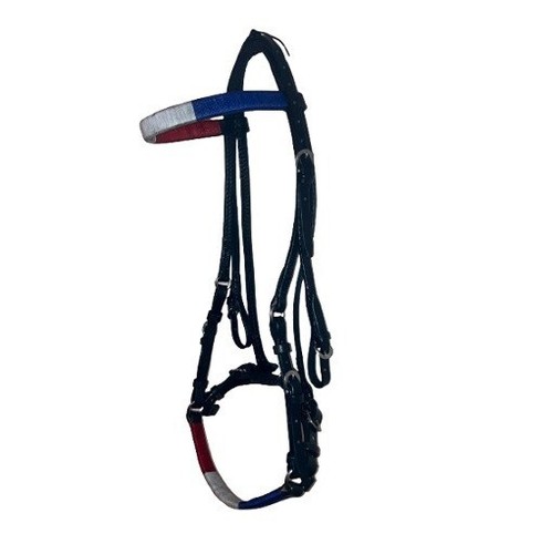 Brida Caballo con Cabecero Rojo Blanco Azul Cuero Cosido a Mano HBR0720 - Imagen 7 de 7