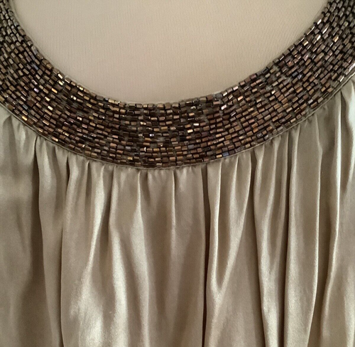 Vintage EXPRESS Deep Scoop Stretch Silk Tunic Bronze Copper Beaded Neckline M - Picture 10 of 21