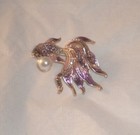 Pin Brooch w/ Faux Pearl "Bubble" New Goldtone Fancy Goldfish Plum Purple Enamel
