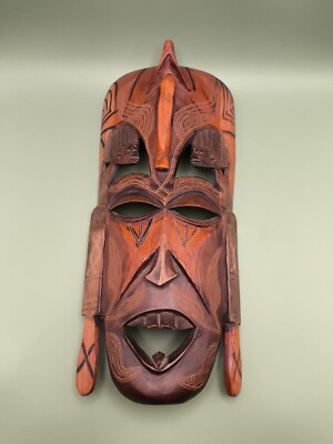 1987 Vintage JAMBO Kenian Tribal Mask HAND CARVED Hardwood Wall Art LARGE Rare 