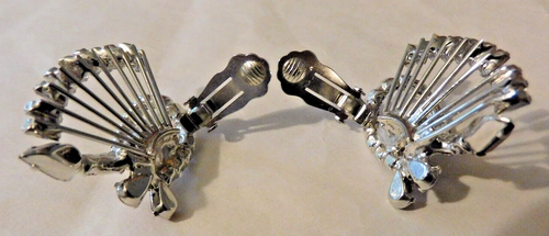 Vintage Art Deco Clear Pave & Red Rhinestone Clip On Earrings Silver Tone RARE! - Picture 4 of 7