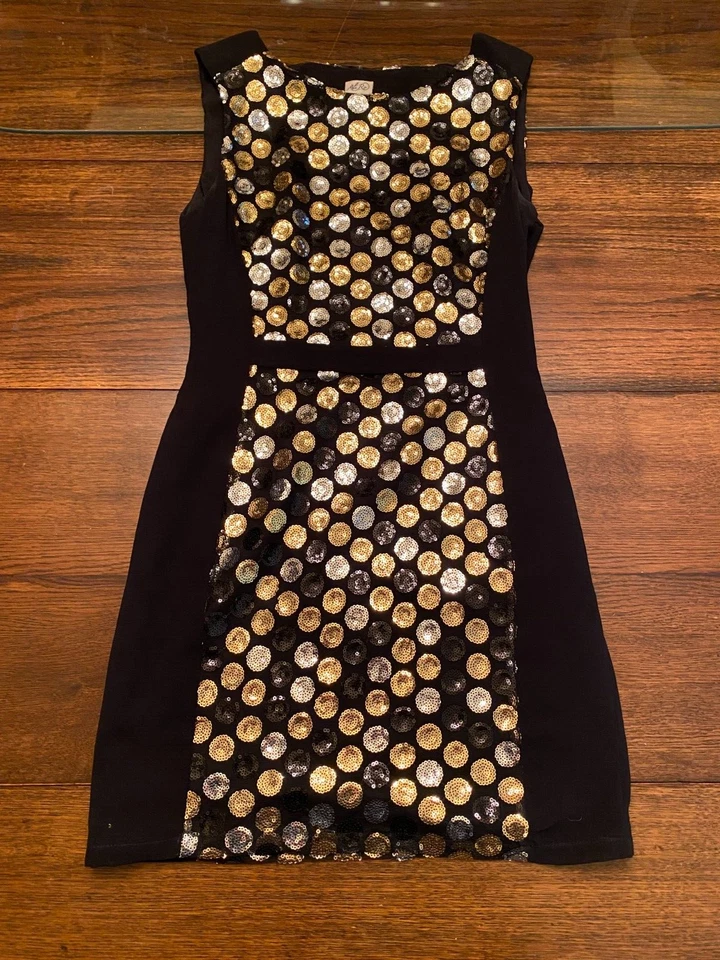 VESTIDO DORADO PLATEADO LENTEJUELAS LUNARES Bodycon Negro MOD Mini Talla 2 XS Ali Ra Glam Foto 3 de 4