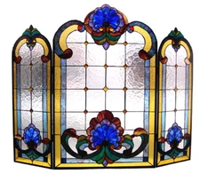 Tiffany Style Fireplace Screen Victorian Design Stained Glass 3 Section 31 X 40