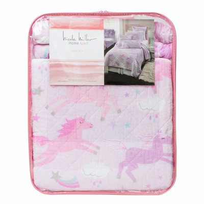 Nicole Miller Kids TWIN Cotton Diamond Quilt & Sham Set Rose Unicorns Stars NEW