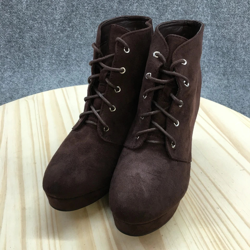 Forever Boots Mujer 8.5 Camille Botines Marrón Imitación Cuero Tacones con Cordones Foto 3 de 4