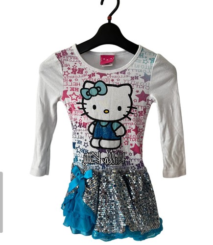 HELLO KITTY Girls Dress Size 5 White Blue Long Sleeve Ruffle Sequin - Picture 5 of 7