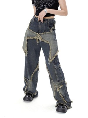 2023 Women Stitching Tassel Pants Retro High Street Jeans Loose Wide Leg Pants